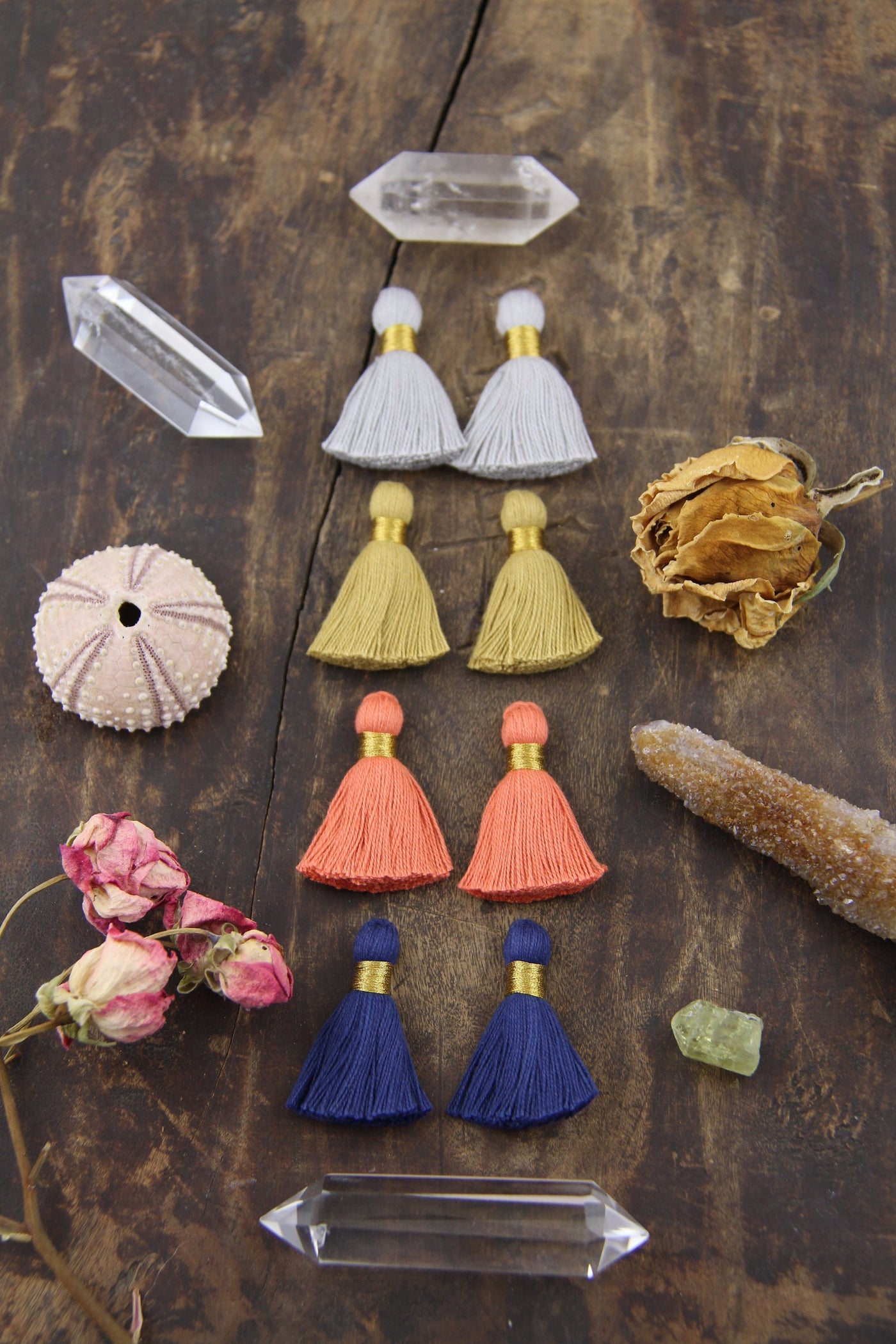 Autumn Mix 1.25" Mini Tassels: Boho Cotton Jewelry Making Supplies, 8 pcs, Grey, Orange, Blue, Tan