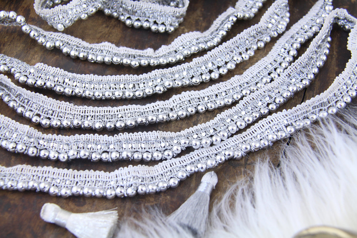 Beaded Fringe Trim, White Silver, Traditional Indian Ribbon, Boho Lace