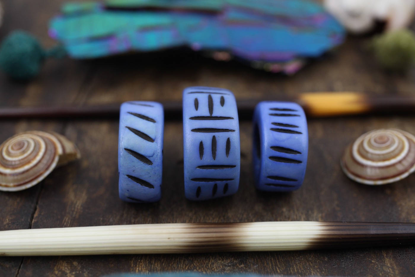 Periwinkle Blue: Hand Carved Bone Beads, approx. 20x25mm, 3 pieces