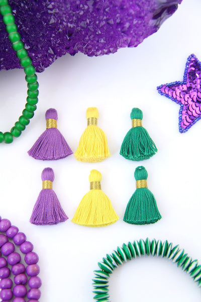 Mardi Gras Mini Tassels: 1.25" Purple, Gold, Green, Fringed Cotton Charms, Jewelry Making Pendants
