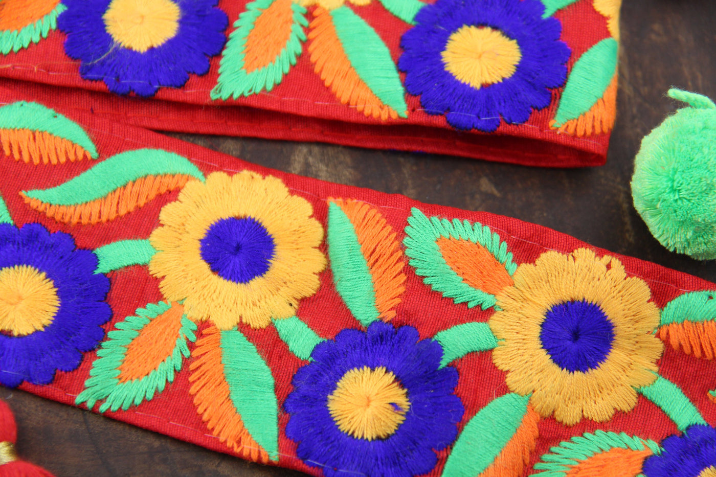Embroidered Silk Trim: Red, Yellow, Blue Floral Ribbon, 2" x 1 yard