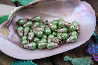 Lime Green Pearl & Nepali White Brass Pendant, 10x18mm