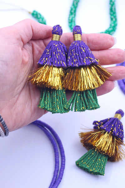 Mardi Gras Tiered Tassels, 3" Handmade Cotton + Tinsel Fringe