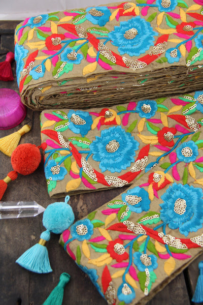 Embroidered Silk Trim: Tan, Blue, Floral, 3.5" x 1 yd, Cyan Blossom Fiesta