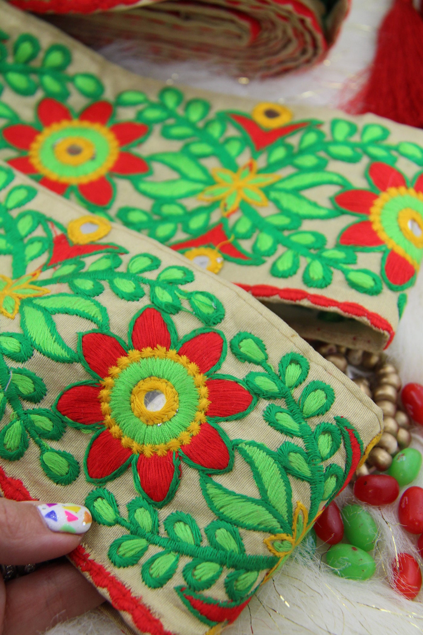 Holiday Passion Flower : Floral Red, Green, Silk Trim, Ribbon 3.75"x1 Yard, Craft, Sewing Supply