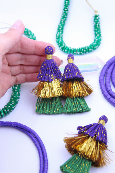 Mardi Gras Tiered Tassels, 3" Handmade Cotton + Tinsel Fringe