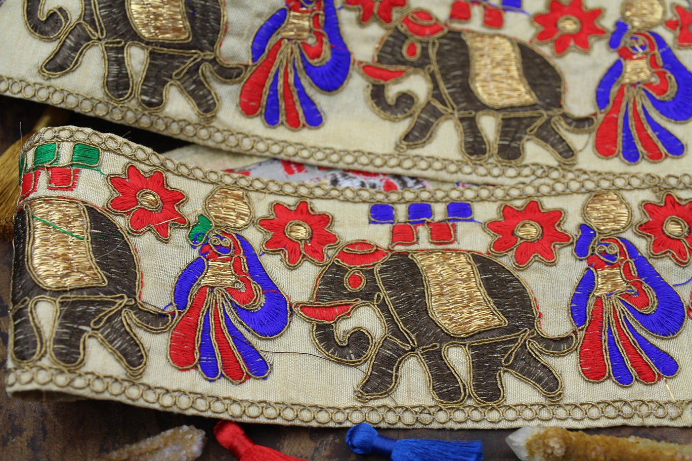Golden Elephant Parade: Red, Blue, Gold Silk Ribbon, 3 1/4"x 1 yd