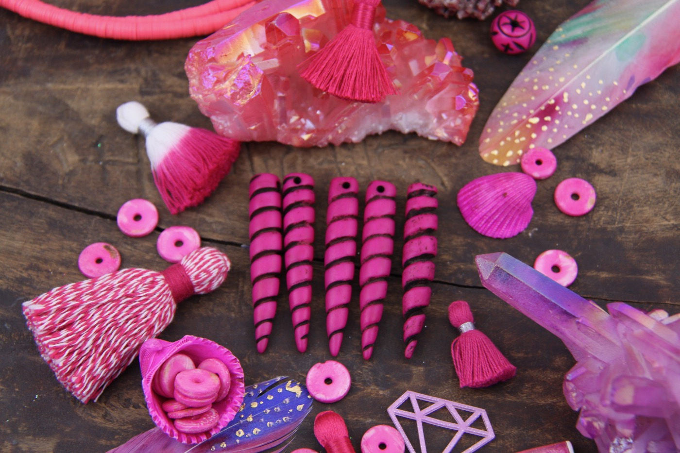 Hot Pink & Black Unicorn Horn Pendant: 2" Long Carved Bone Beads, 1 piece - ShopWomanShopsWorld.com. Bone Beads, Tassels, Pom Poms, African Beads.
