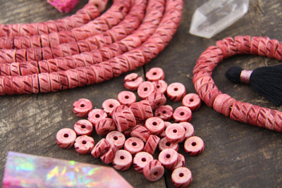 Red Slant: Handmade Carved Bone Disc Heishi Spacer Beads, 10x5mm, Christmas Holiday Jewelry Making