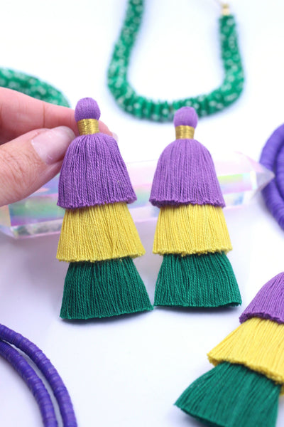 Mardi Gras Tiered Cotton Tassels, 3" Handmade Fringe Pendants, Jewelry Making Supplies