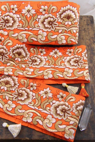 Monarch Garden: Orange and Gold Sari Border from India, Ribbon, Fabric Sewing Supplies, 4"x1 Yard