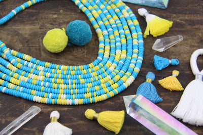Icy Lemon : Aqua, White, Yellow, Bone Beads, 5x2mm - ShopWomanShopsWorld.com. Bone Beads, Tassels, Pom Poms, African Beads.