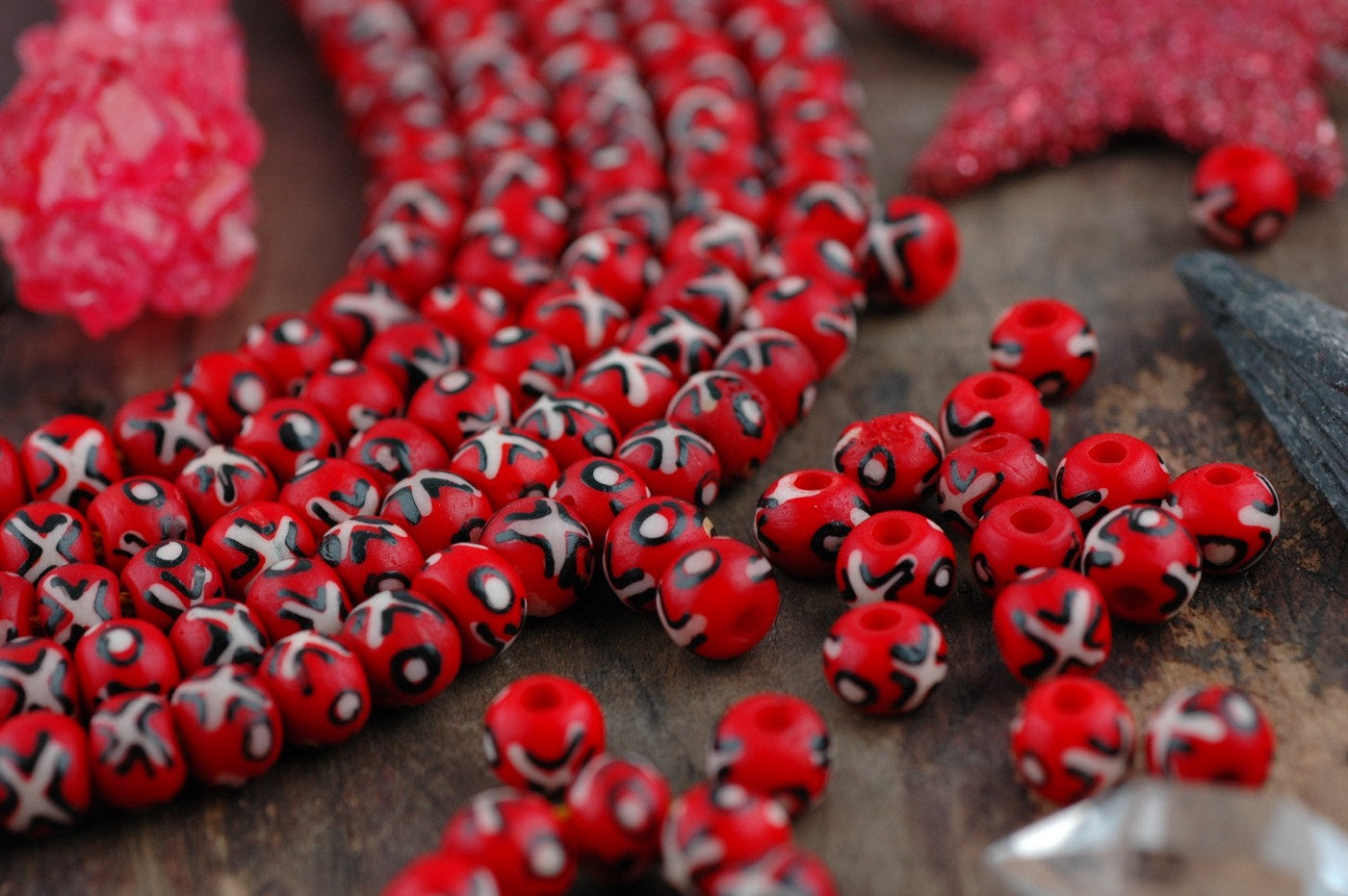 X on Fire : Red, White & Black Round  Bone Beads, 8x6mm, 31 beads