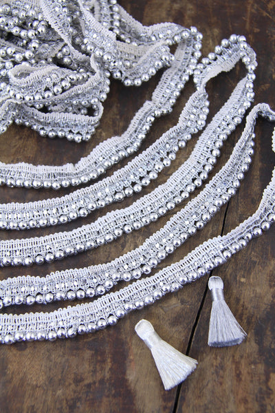 Beaded Fringe Trim, White Silver, Traditional Indian Ribbon, Boho Lace