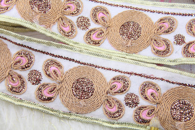 Sequined Flowers: 2.5" Metallic Embroidered Silk Ribbon from India, Sari Border Trim