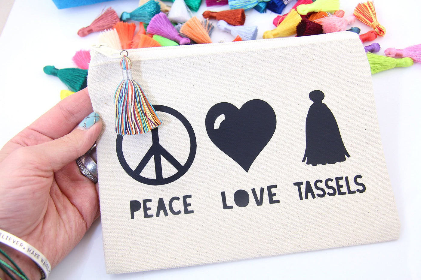 Peace, Love, Tassels Zipper Pouch for Craft Supplies, Unique Gift for Creatives