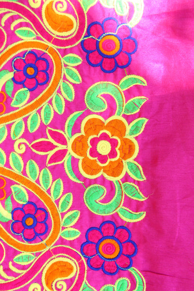 Embroidered Floral Fabric from India, Pink Silk Wall Hanging, 44"x1 yd