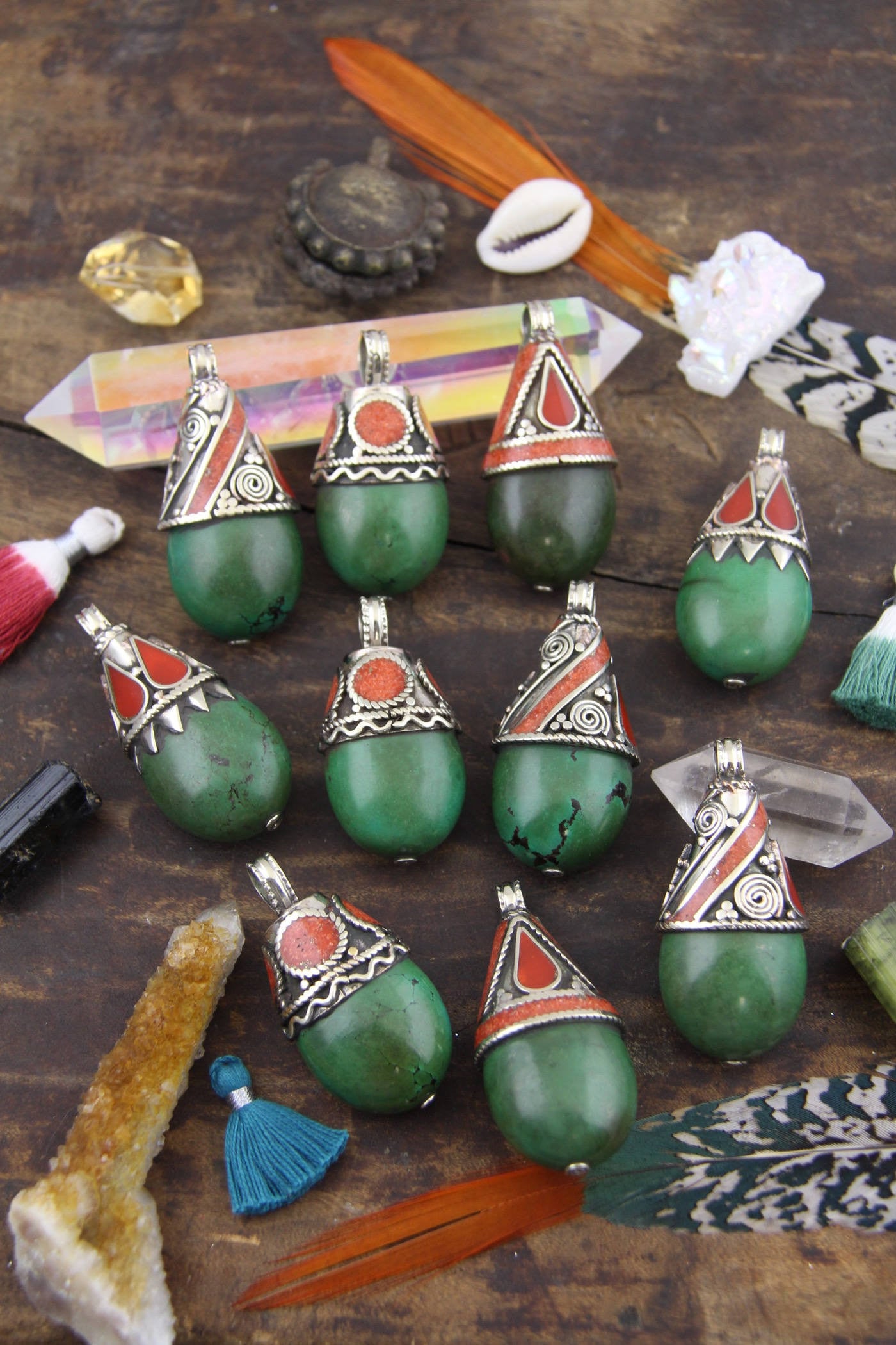 Nepali Turquoise Coral Teardrop: 2.5" Pendant, 1 piece - ShopWomanShopsWorld.com. Bone Beads, Tassels, Pom Poms, African Beads.