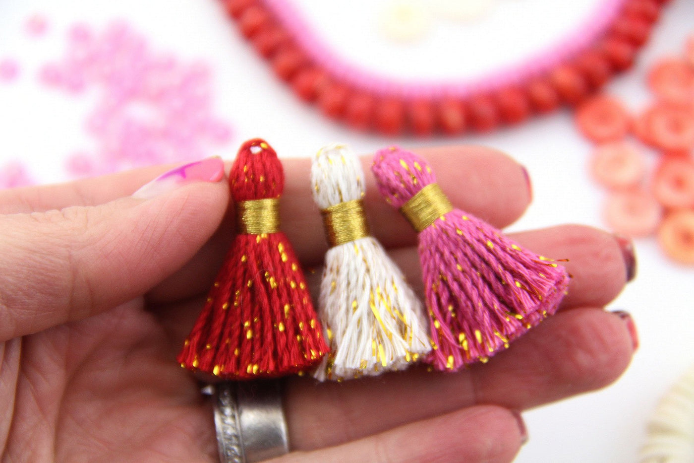 Be Mine: Cotton & Sparkly Tinsel Tassels, 1.25" Fringe Pendant, Valentines Day Jewelry Making