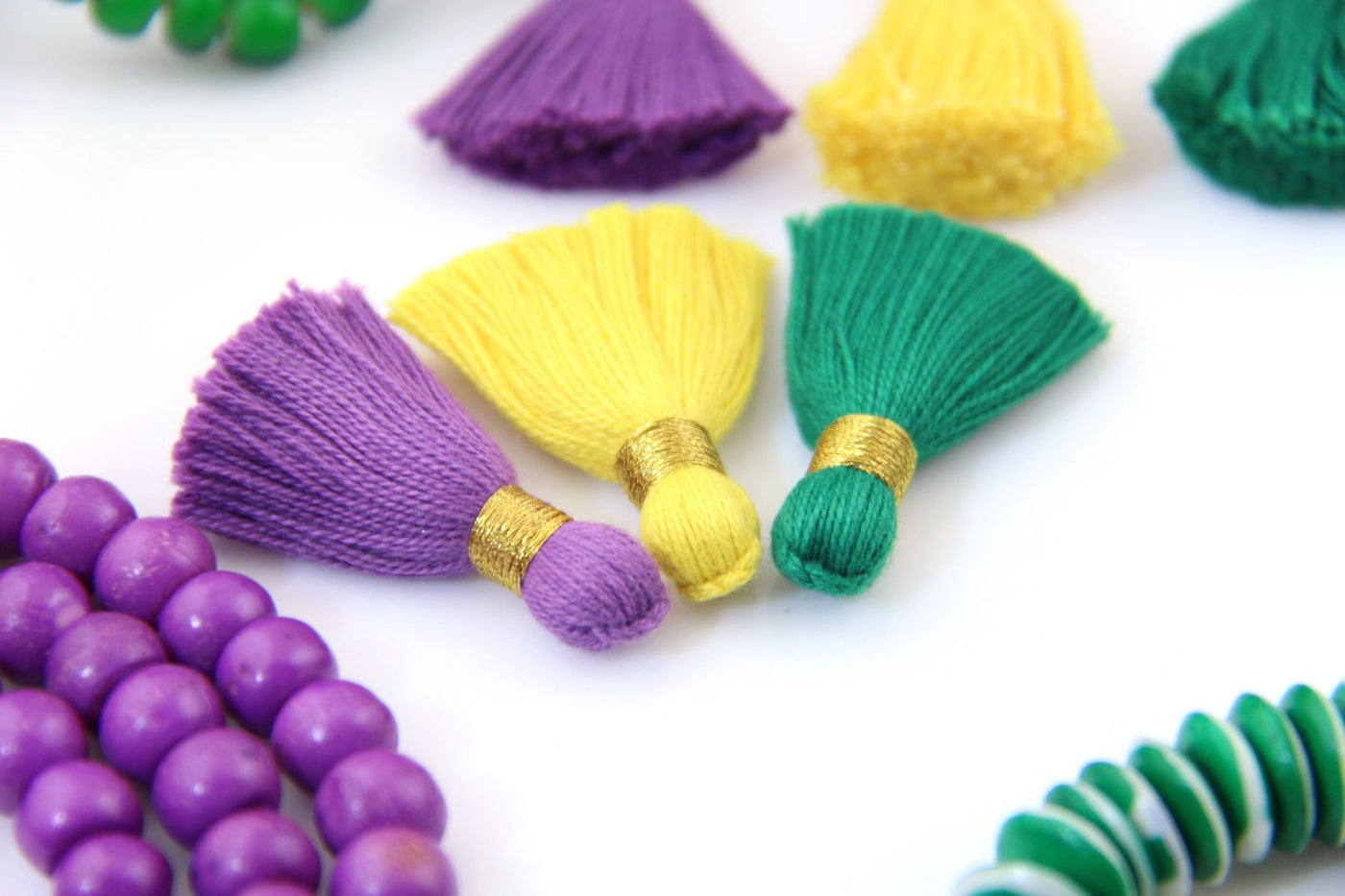 Mardi Gras Mini Tassels: 1.25" Purple, Gold, Green, Fringed Cotton Charms, Jewelry Making Pendants