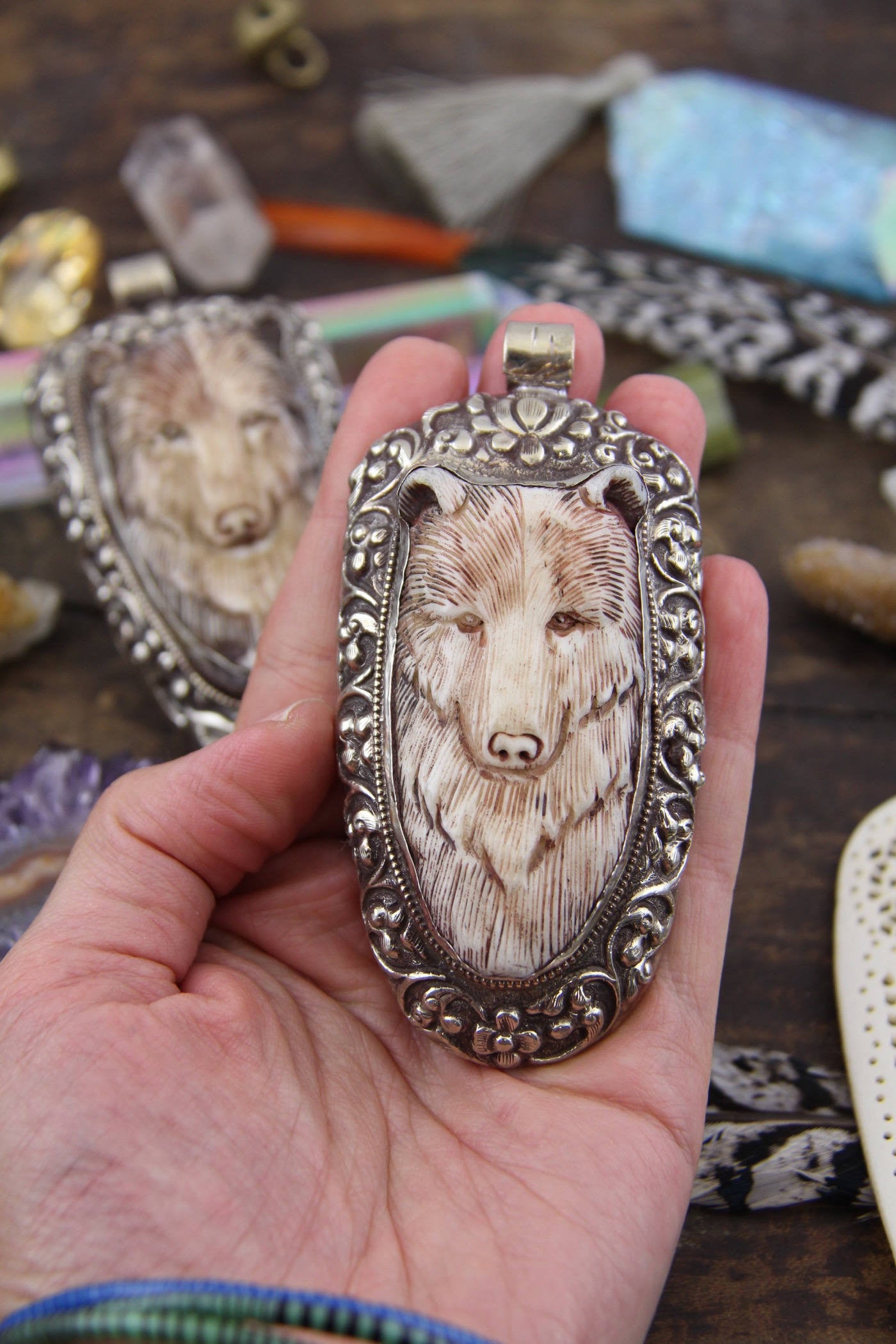 Bear in Bone: Nepali Silver Bezel Set, Carved Boho Pendant, 4" - ShopWomanShopsWorld.com. Bone Beads, Tassels, Pom Poms, African Beads.