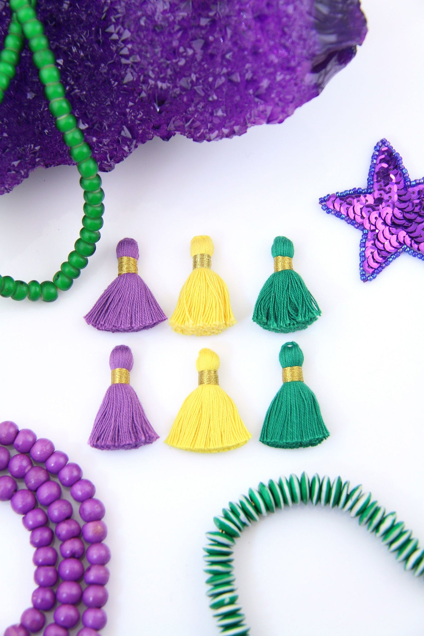 Mardi Gras Mini Tassels: 1.25 Purple, Gold, Green, Fringe Charms