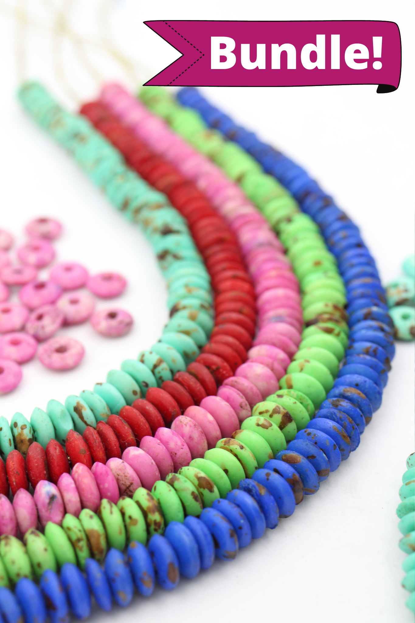 Bead Bundle: Handmade Saucer Disc Spacer Bone Beads, 9x3mm, 5 Strands & Colors, 300+ Beads