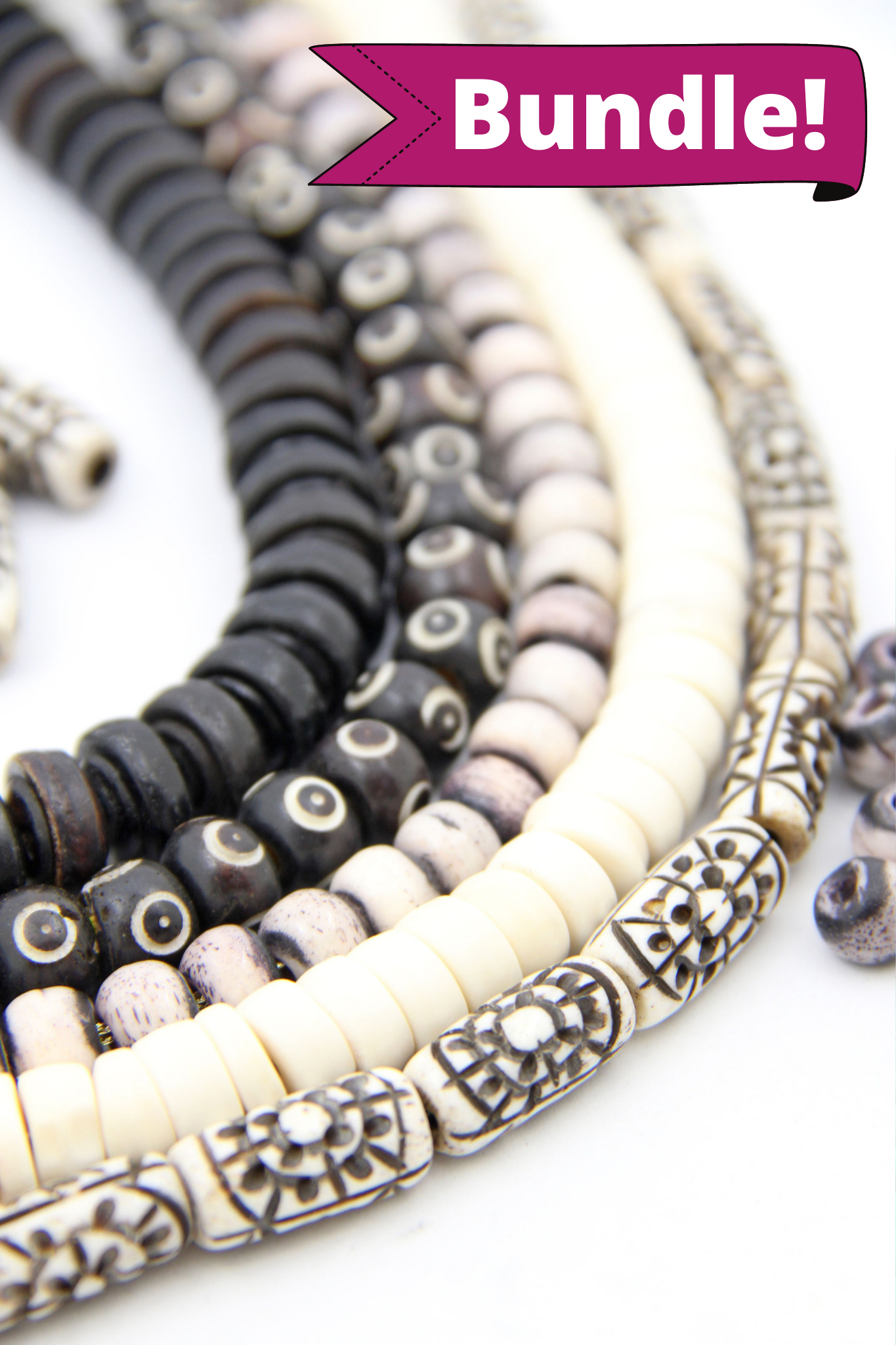 Bead Bundle: Handmade Rondelle Spacer Bone Beads, Black, Brown, White, Grey, 5 Strands, Assorted Shapes & Sizes