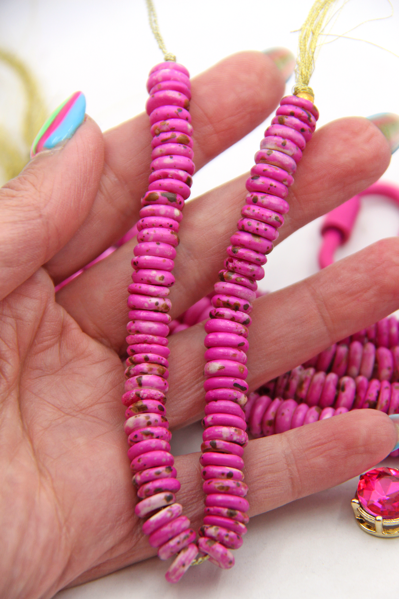 Pretty in Pink Bright Speckled Bone Beads, 9x3mm, 75 beads for making Barbiecore bracelets