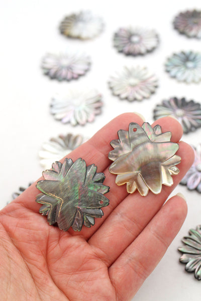 Carved Flower Abalone Shell Pendant, 35mm, 1 piece