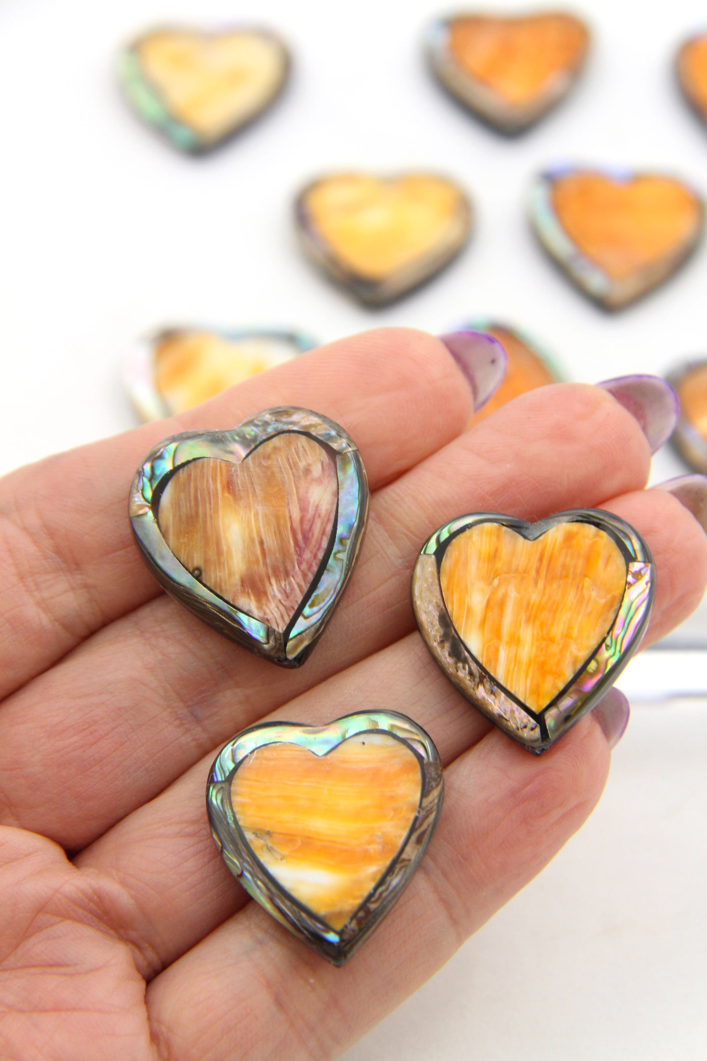 Orange Spiny Oyster & Abalone Inlaid Bead, Heart Charm, 1 Bead