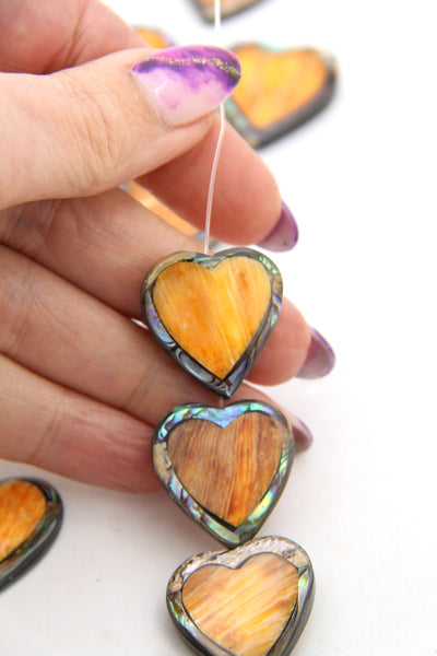 Orange Spiny Oyster & Abalone Inlaid Bead, Heart Charm, 1 Bead