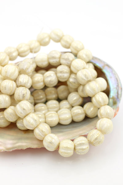 8mm Antique Cream Czech Glass Melon Beads with Mercury Finish, Large Hole Rondelle Beads for DIY 