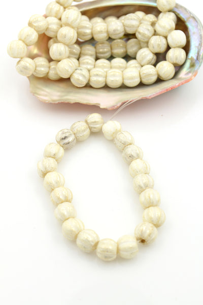 8mm Antique Cream Czech Glass Melon Beads with Mercury Finish, Large Hole Rondelle Beads for DIY 
