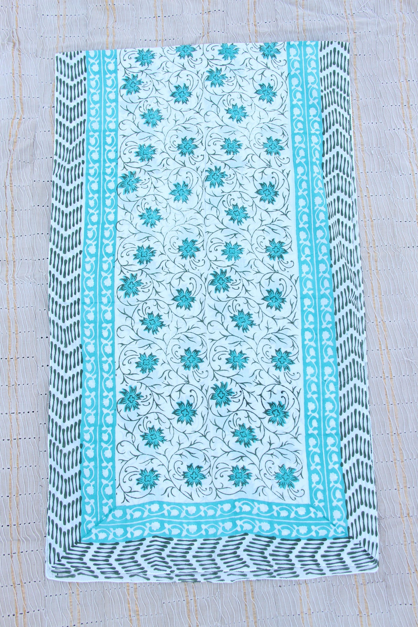 Blue Green Floral Hand Block Print Scarf, Cotton, from India