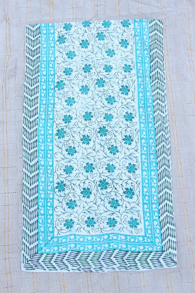 Blue Green Floral Hand Block Print Scarf, Cotton, from India