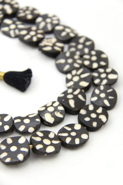 Black & White Flower Pattern African Batik Bone Bead, Coin Shape, Kenya, 33" Necklace