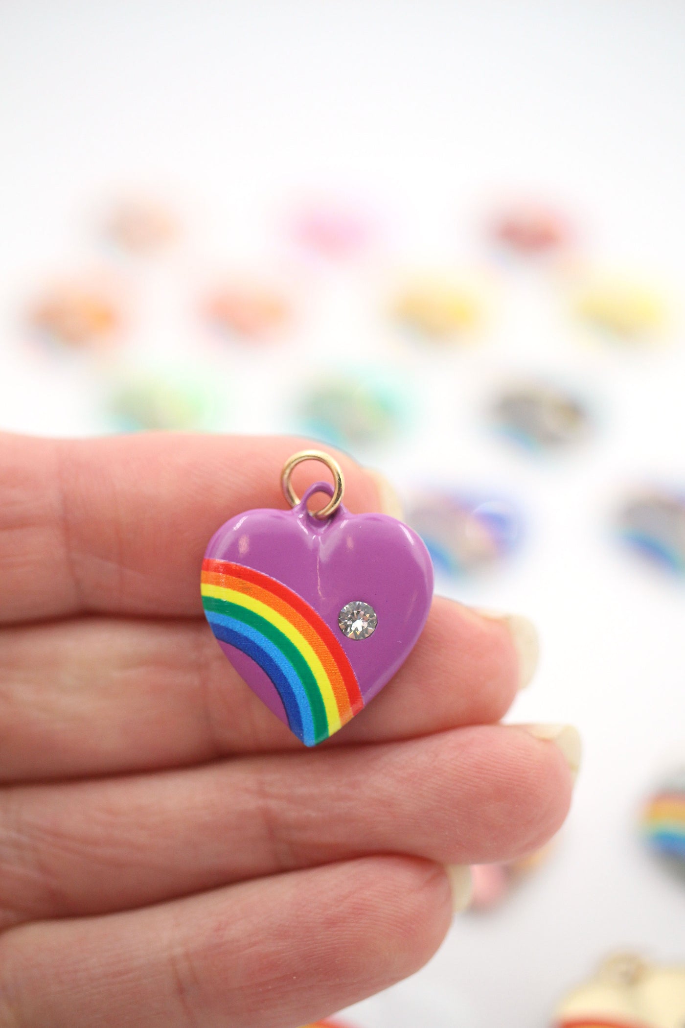 Vintage Style Rainbow Heart Charm, Enamel & Swarovski Crystal, 20x20mm