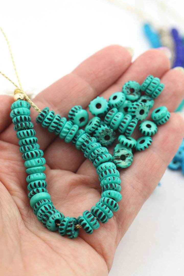 Ocean Wave Carved Bone Beads, 8mm, Boho Spacers, Saucer Rondelles