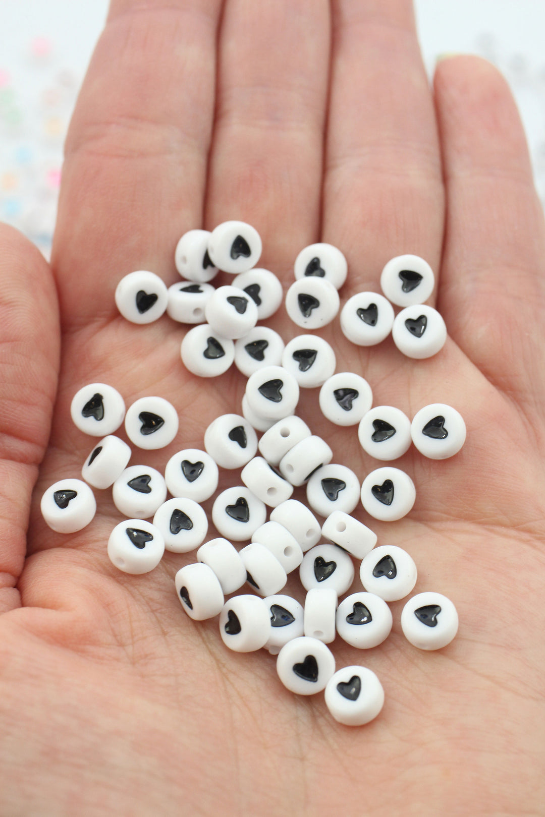 Heart Beads, White with Colors or Black, Acrylic, 7mm Round, Approx. 3