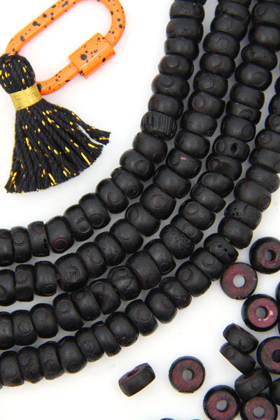 Large Hole Carved Donut Shaped Bone Beads, Black & Orange, 10x5mm, for Halloween and Fall Crafts