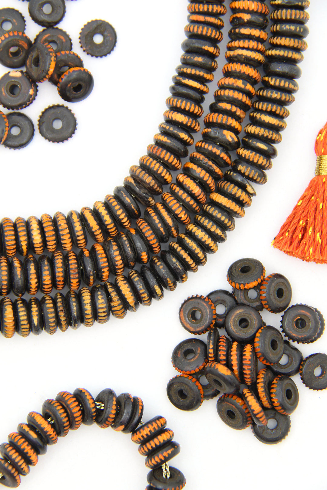 Orange & Black Carved Bone Beads, 10mm, Saucer Rondelles