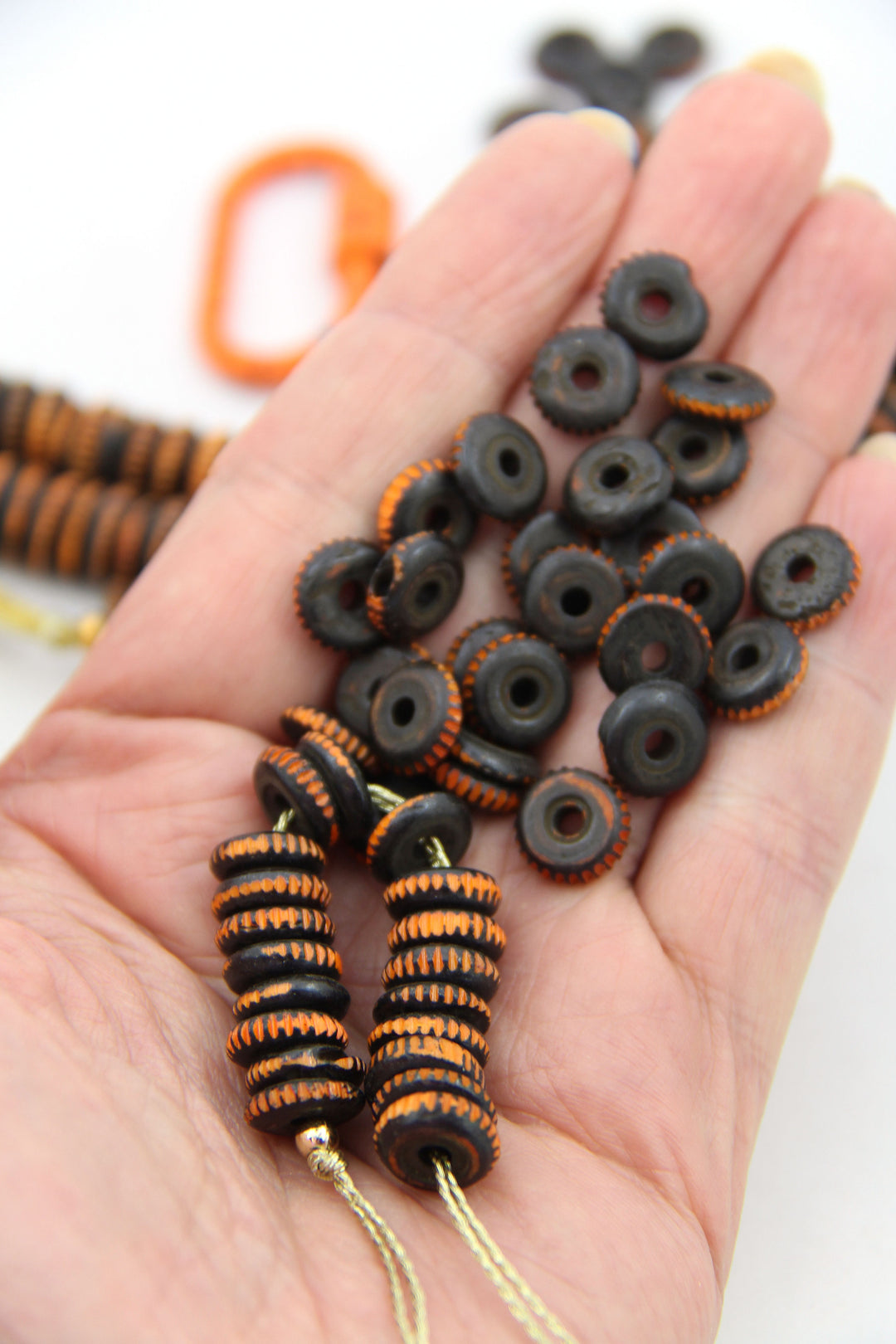 Orange & Black Carved Bone Beads, 10mm, Saucer Rondelles