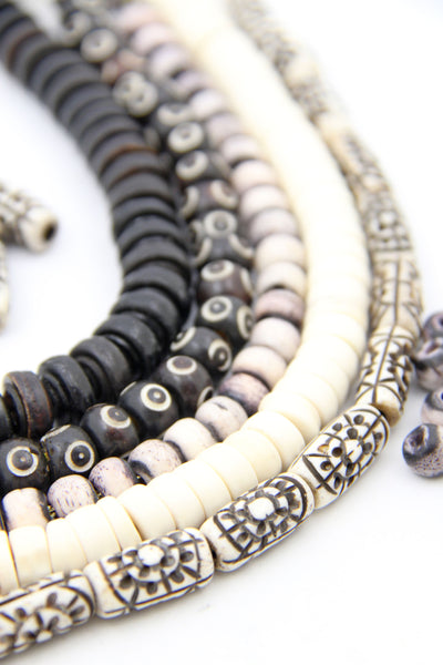 Bead Bundle: Handmade Rondelle Spacer Bone Beads, Black, Brown, White, Grey, 5 Strands, Assorted Shapes & Sizes