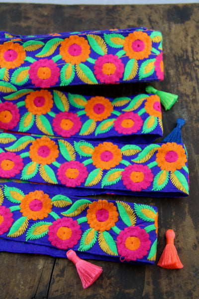 Blooming Neon on Blue: Bright Floral Embroidered Silk Trim, 2" wide