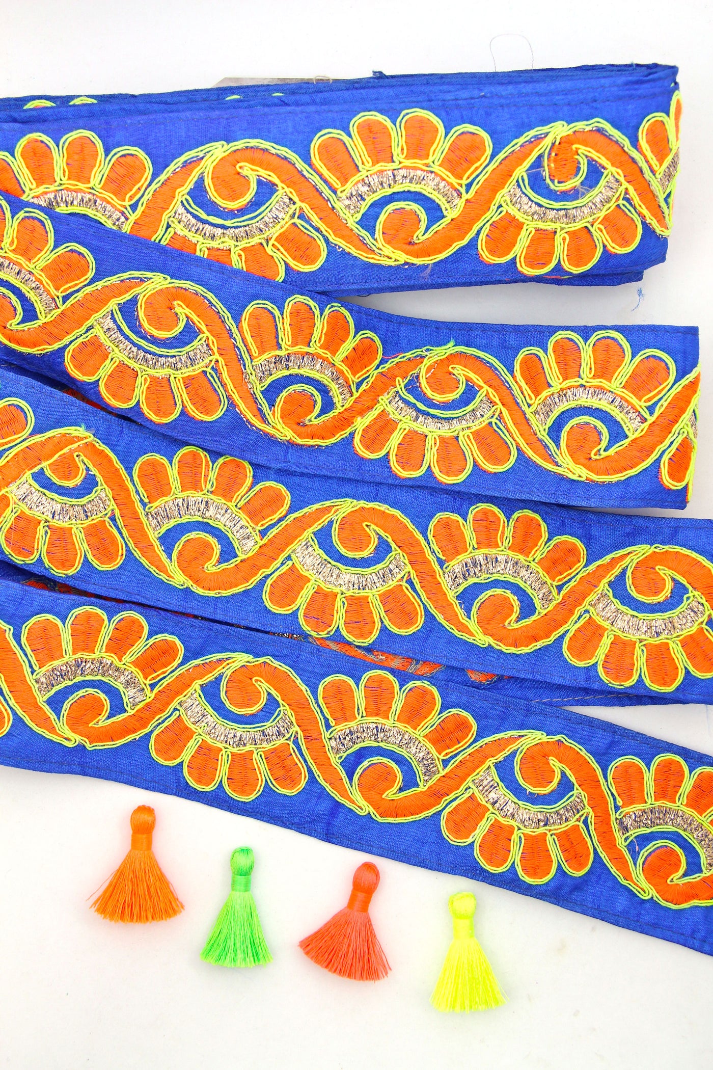 Neon Waves Embroidered Silk Trim, Rich Blue Orange & Yellow, 2.25" wide