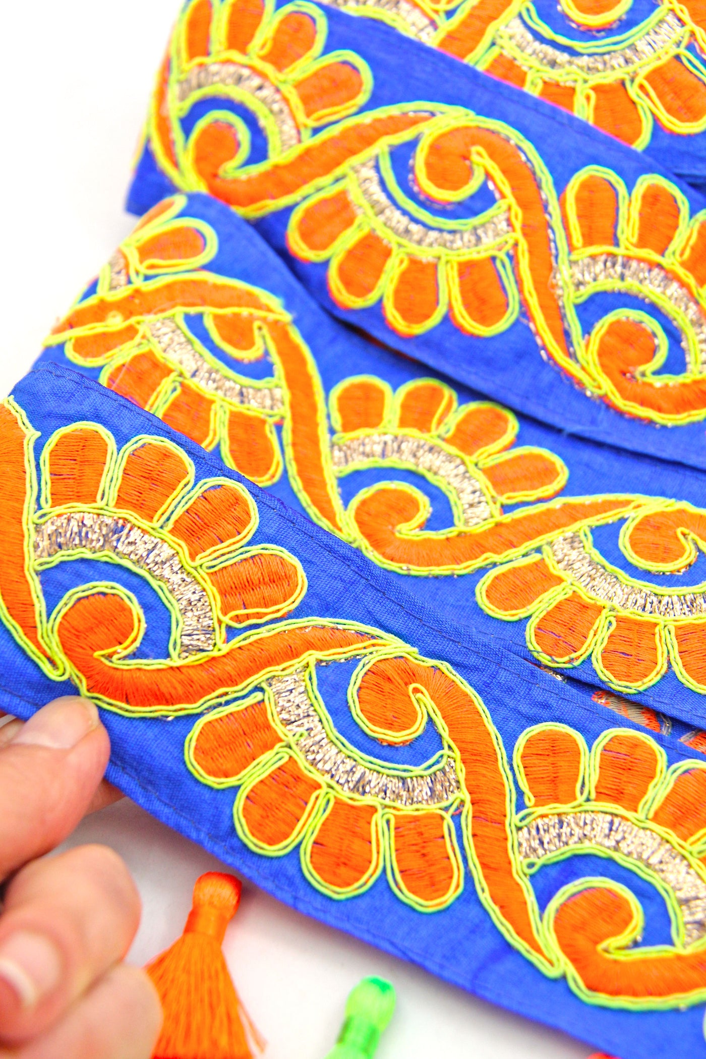 Neon Waves Embroidered Silk Trim, Rich Blue Orange & Yellow, 2.25" wide