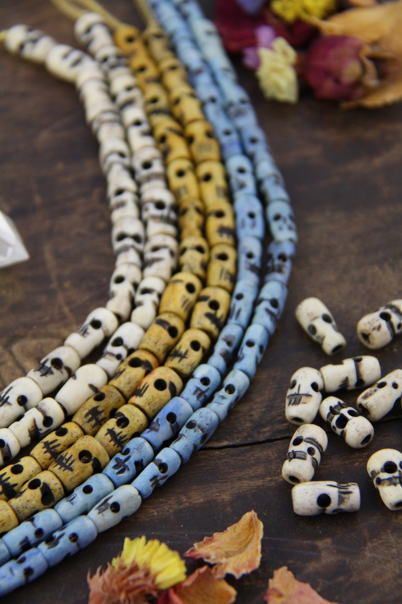 Hand-Carved Skull Bone Beads: Yellow, Blue, Cream Sugar Skulls