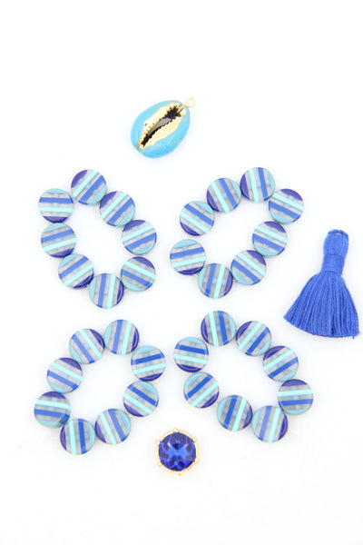 Blue Striped Italian Poly Resin Coin, 12mm, 8 Beads
