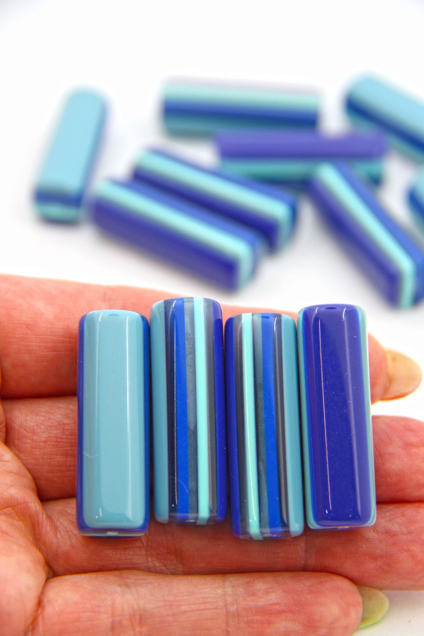 Blue Striped Italian Poly Resin Tube Beads, 12x35mm, 1 Focal Bead